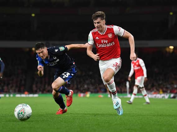 Kieran Tierney takes on Joe Lolley of Nottingham Forest during the Carabao Cup Third Round match