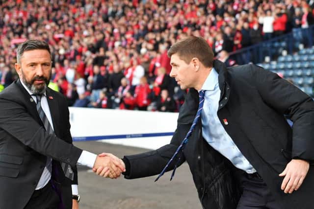 Rangers manager Steven Gerrard (right) with not-the-Rangers manager, Derek McInnes