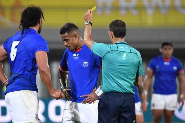Samoa centre Rey Lee-Lo was shown a yellow card by referee Romain Poite for a high tackle against Russia. Picture: William West/AFP/Getty Images