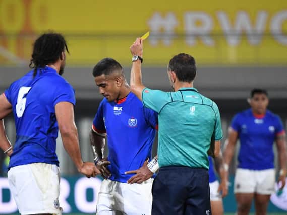 Samoa centre Rey Lee-Lo was shown a yellow card by referee Romain Poite for a high tackle against Russia. Picture: William West/AFP/Getty Images