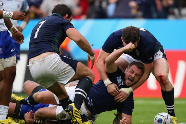 Greig Laidlaw scores the winning try for Scotland against Samoa in Newcastle four years ago to seal a quarter-final place after a tense 36-33 victory. Picture: Getty Images