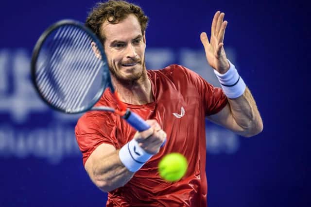 Andy Murray of Britain hits a return against Alex de Minaur of Australia during their men's singles second round match at the Zhuhai Championships tennis tournament in Zhuhai in China's southern Guangdong province on September 26, 2019. (Photo by STR / AFP) / China OUTSTR/AFP/Getty Images