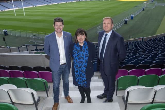 Scottish Rugby's Dominic McKay (left), Kenny Finlayson (right) and Catherine Roe launch the brand new SRH hospitality suites at BT Murrayfield. Picture: Bill Murray/SRU