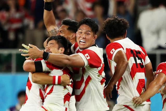 Japan celebrate their stunning 19-12 victory over Ireland in Shizuoaka. Picture: Getty Images