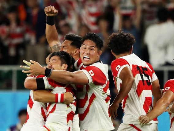 Japan celebrate their stunning 19-12 victory over Ireland in Shizuoaka. Picture: Getty Images