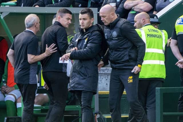 Hibs manager Paul Heckingbottom is led away after being sent off during the 1-1 draw at Easter Road. Picture: Bill Murray/SNS
