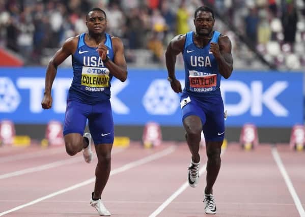 American Christian Coleman takes control down the stretch as he beats compatriot Justin Gatlin to the 100m title. Picture: Jewel Samad/AFP/Getty