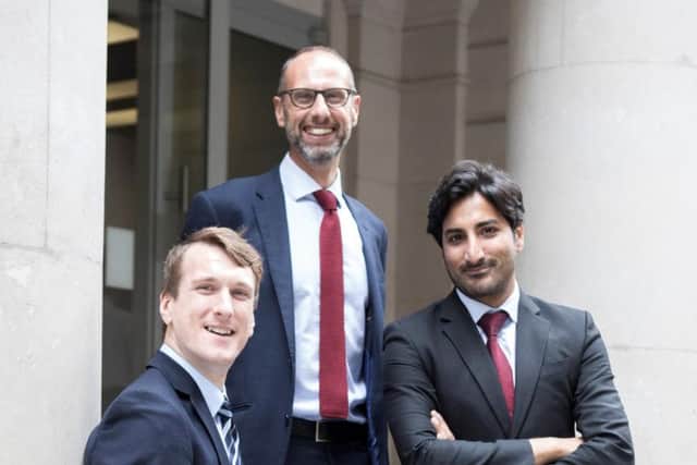 From left: Johnston Carmichael's financial services consulting manager Samuel Church, partner - financial services advisory Ewen Fleming, and financial services consulting senior Hyder Cheema at the London branch. Picture: Claudia Janke