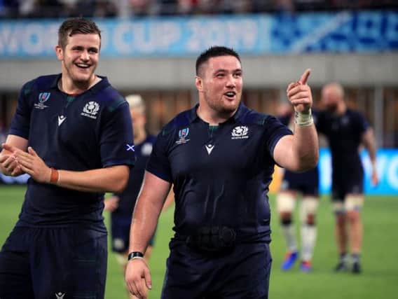 Scott Cummings (left) and Zander Fagerson are all smiles after victory over Samoa in Kobe