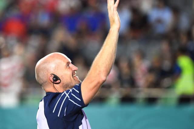 Head coach Gregor Townsend waves to Scotland fans at the Kobe Misaki Stadium after the 34-0 win over Samoa. Picture: Getty Images