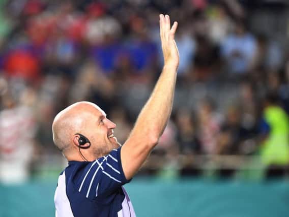 Head coach Gregor Townsend waves to Scotland fans at the Kobe Misaki Stadium after the 34-0 win over Samoa. Picture: Getty Images