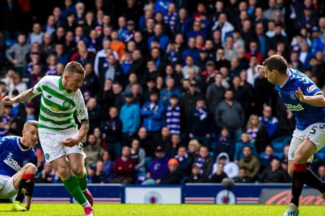 Jonny Hayes scores for Celtic against Rangers in the last Glasgow derby. Picture: SNS