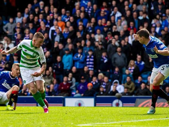 Jonny Hayes scores for Celtic against Rangers in the last Glasgow derby. Picture: SNS