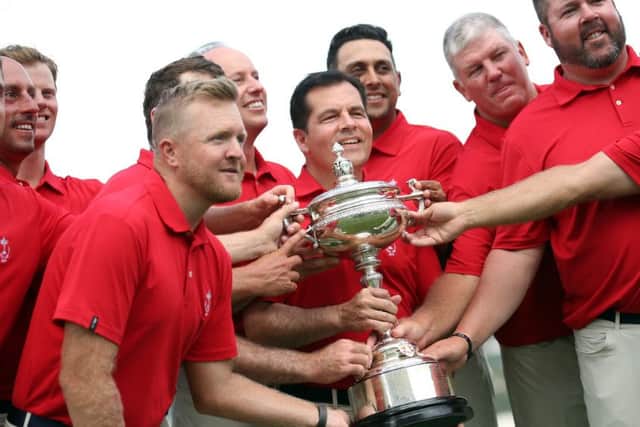 US captain Derek Sprague and his team pose with the Llandudno trophy following victory at the PGA Cup. Picture: Jan Kruger/Getty Images