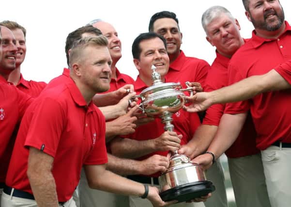 US captain Derek Sprague and his team pose with the Llandudno trophy following victory at the PGA Cup. Picture: Jan Kruger/Getty Images