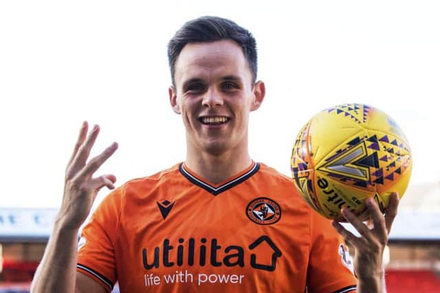 Lawrence Shankland celebrates his hat-trick for Dundee United against Morton. Picture: Ross Parker/SNS