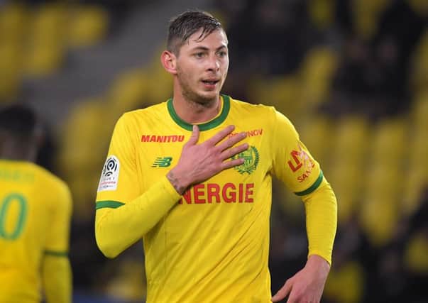 The late Emiliano Sala playing for Nantes against Montpellier in Ligue 1 in January shortly before his transfer to Cardiff was agreed. Picture: Loic Venance/AFP/Getty