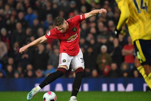 Scott McTominay scores Manchester United's goal against Arsenal at Old Trafford. Picture: Paul Ellis/AFP/Getty
