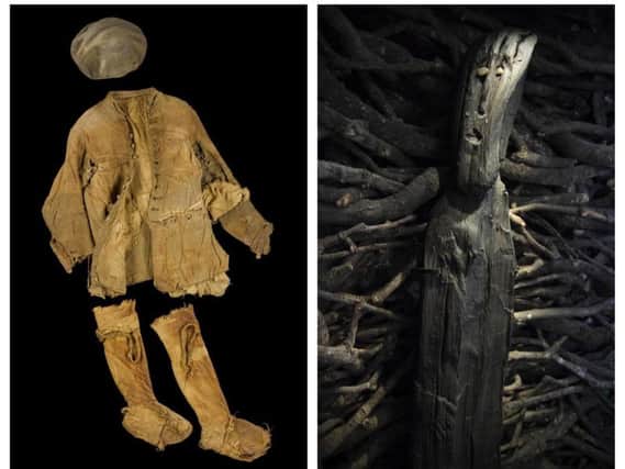 The clothes of Arnish Moor Man who were recovered from a peat bog on Lewis and helped to unravel an island murder (left) and the 2,500-year-old Ballachulish Goddess, which may have been an ancient good luck charm for sailors. PICS: National Museum of Scotland.