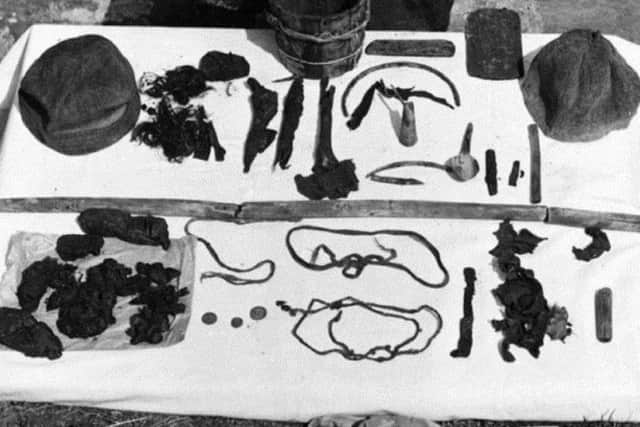The items found around Gunnister Man, including hats, his purse and necklaces. PIC: Shetland Museum and Archive.