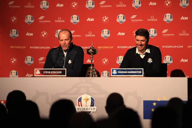 European captain Padraig Harrington, right, and United States skipper Steve Stricker speak to the media at Whistling Straits. Picture: Andrew Redington/Getty Images