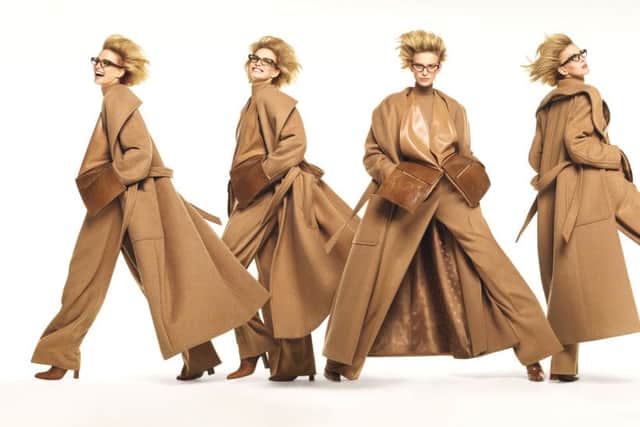 Redingote with shawl collar in sable-effect pure camel drape GBP 1,805; Mock turtleneck in pure wool yarn GBP 260; Trousers in lightweight pure camel drape GBP 485; Vest Bag  leather GBP 830; Tights GBP £20, Max Mara Autumn/Winter 19 Runway Campaign