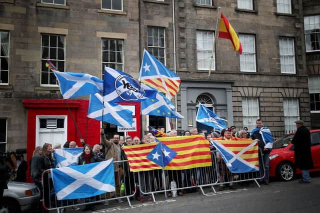 Demonstrators outside the Spanish Consulate in Edinburgh protest against the extradition to Spain of the former Catalan education minister Clara Ponsati in 2018. Picture: Jane Barlow