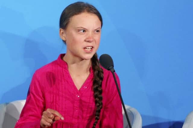 Environmental activist Greta Thunberg addresses the Climate Action Summit at the United Nations. Picture: Jason DeCrow/AP