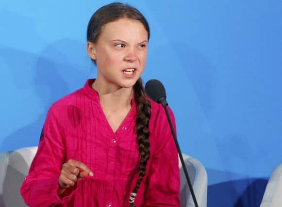 Environmental activist Greta Thunberg addresses the Climate Action Summit at the United Nations. Picture: Jason DeCrow/AP