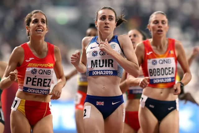 Great Britain's Laura Muir in action on her way to qualifying third from her 1,500m heat at the IAAF World Championships in Doha, Qatar. Picture: Martin Rickett/PA