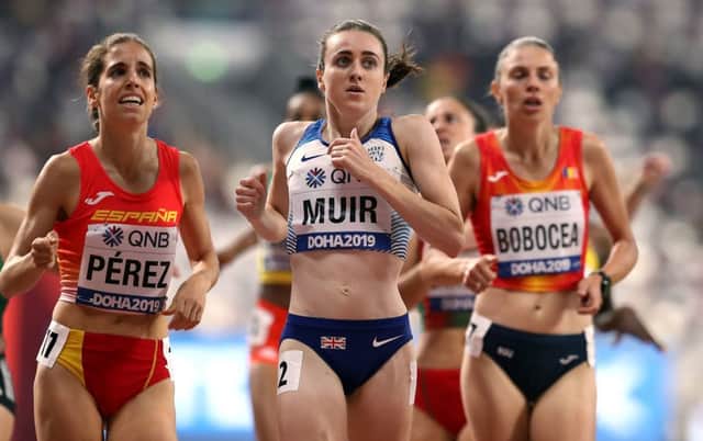 Great Britain's Laura Muir in action on her way to qualifying third from her 1,500m heat at the IAAF World Championships in Doha, Qatar. Picture: Martin Rickett/PA