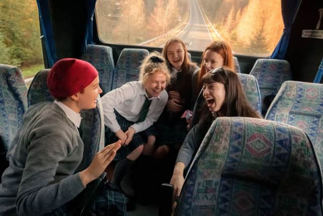 The girls on their way to Edinburgh by bus in the new feature film