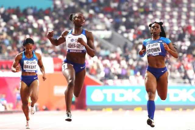 Dina Asher-Smith crosses the finish line in the 200m final. Picture: Matthias Hangst/Getty