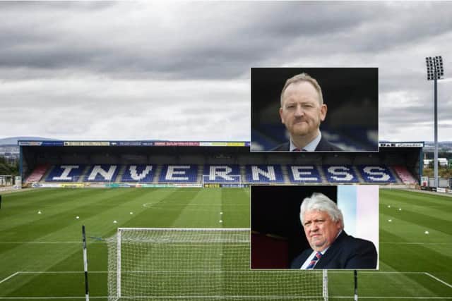 A general view of Inverness Caledonian Thistle's stadium and, inset, Scot Gardiner (top) and Graham Rae