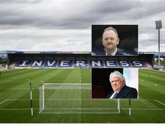 A general view of Inverness Caledonian Thistle's stadium and, inset, Scot Gardiner (top) and Graham Rae