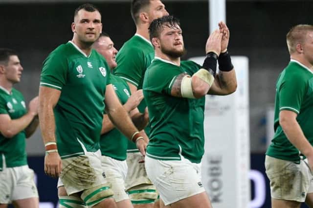 Ireland's players celebrate victory over Russia