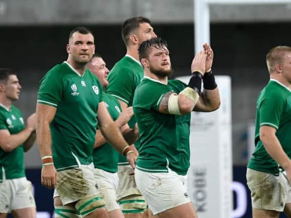Ireland's players celebrate victory over Russia