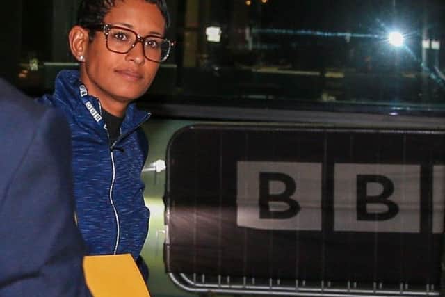 Breakfast host Naga Munchetty arrives for work at the BBC following a racism row linked to her comments about Donald Trump
