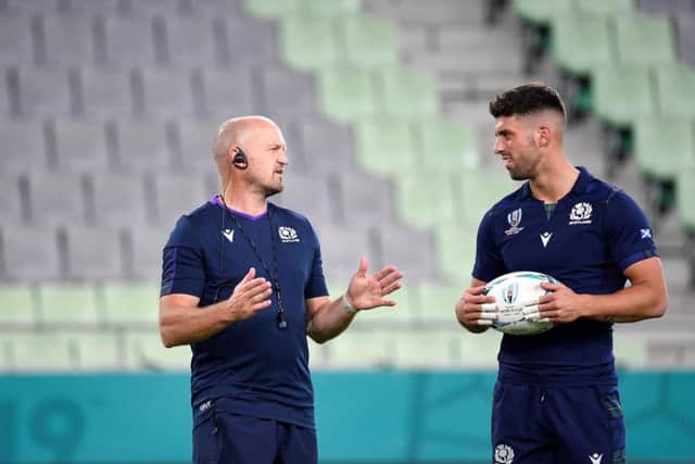 Scotland coach Gregor Townsend gives Adam Hastings some tips in the build-up to Monday's match against Samoa in Kobe. Picture: Getty Images