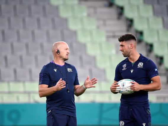 Scotland coach Gregor Townsend gives Adam Hastings some tips in the build-up to Monday's match against Samoa in Kobe. Picture: Getty Images