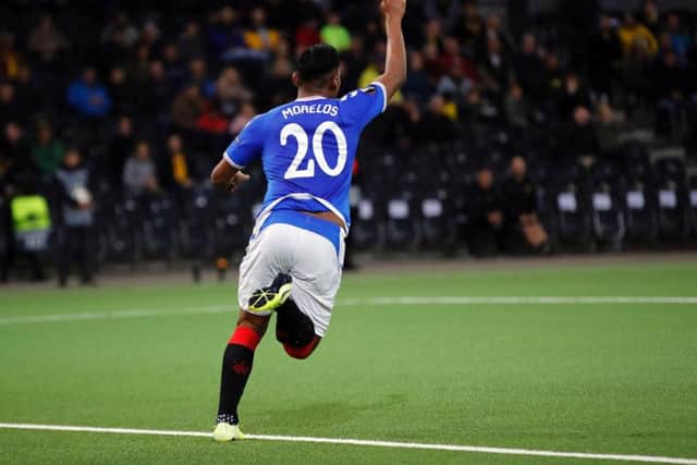 Alfredo Morelos celebrates after scoring Rangers' opener in the win over Young Boys.