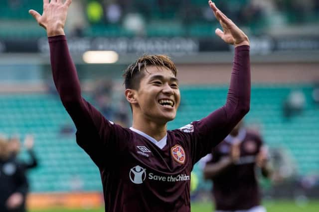 Ryotaro Meshino celebrates the win over Hibs at Easter Road. Picture: SNS