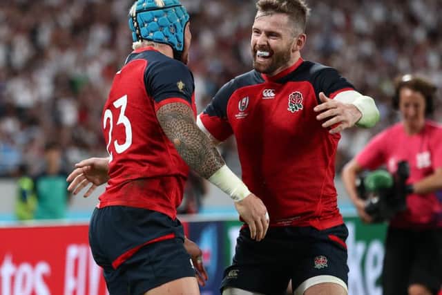 Jack Nowell of England celebrates scoring his side's fifth try. Pic: Cameron Spencer/Getty