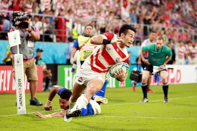 Kenki Fukuoka of Japan scores his teams third try against Samoa Pic: Adam Pretty/Getty