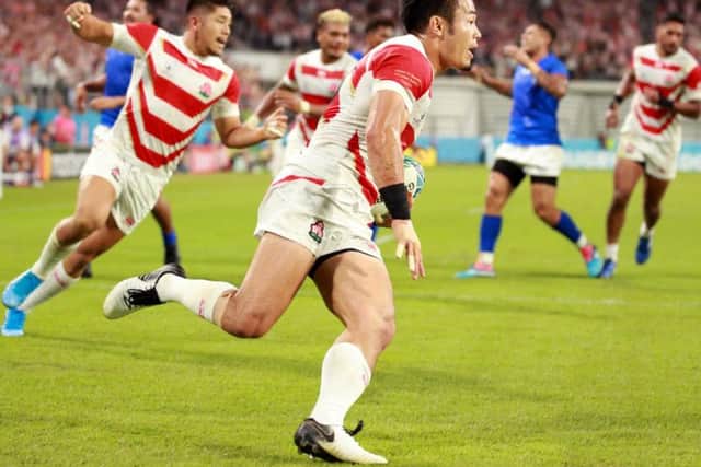 Japan wing Kenki Fukuoka scorches in for his side's third try against Samoa. Picture: Getty Images