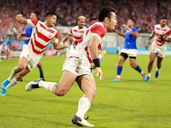 Japan wing Kenki Fukuoka scorches in for his side's third try against Samoa. Picture: Getty Images