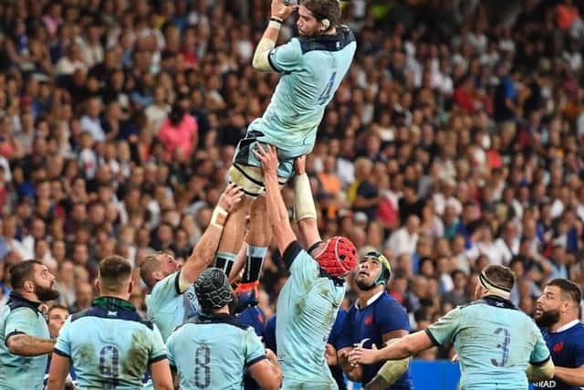 Ben Toolis takes a lineout during Scotland's opening World Cup warm-up Test loss to France in Nice in August. Picture: Getty Images