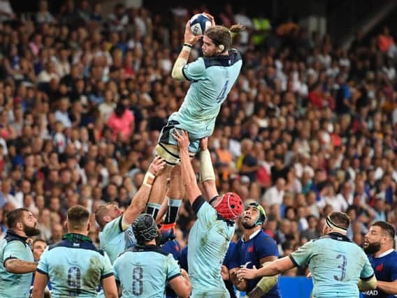 Ben Toolis takes a lineout during Scotland's opening World Cup warm-up Test loss to France in Nice in August. Picture: Getty Images