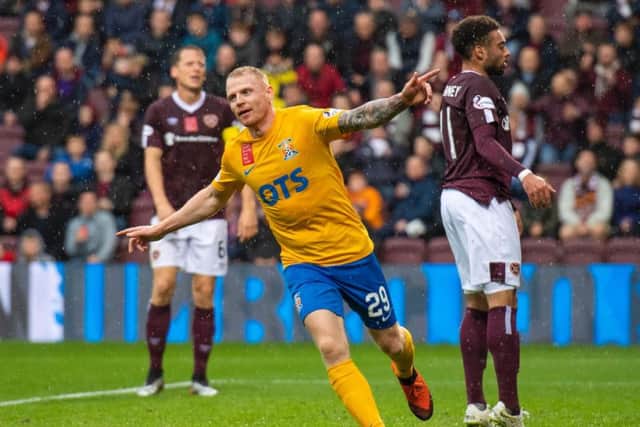 Chris Burke celebrates his goal at Tynecastle.