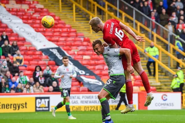Sam Cosgrove heads an equaliser for Aberdeen.